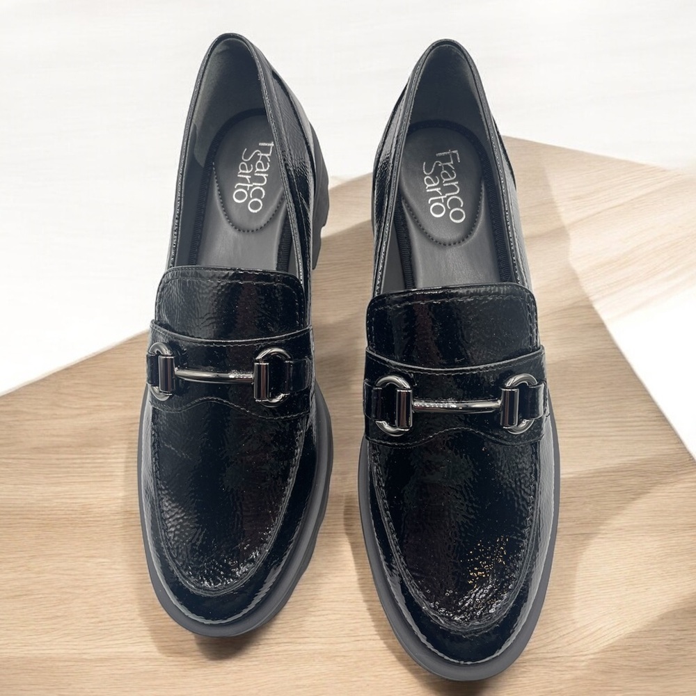 Franco Sarto Bergamot, black patent leather slip on loafers, size 8